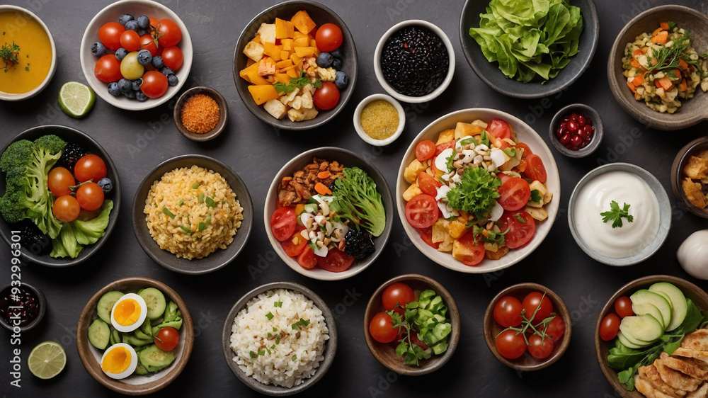 Array of colorful, diverse foods arranged in bowls on a dark background, showcasing vibrant ingredients. Array of colorful, diverse foods arranged in bowls on a dark background, showcasing vibrant ingredients.