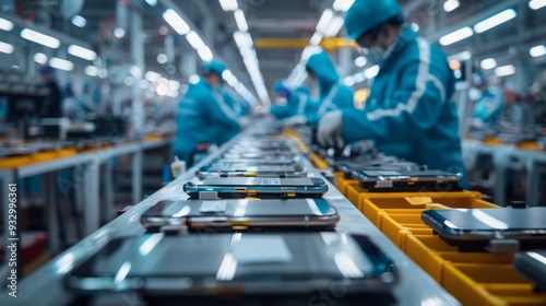 Amid the factory's controlled commotion, a team of skilled workers orchestrates the seamless production, sorting, and packaging of high-tech smartphones for worldwide distribution.