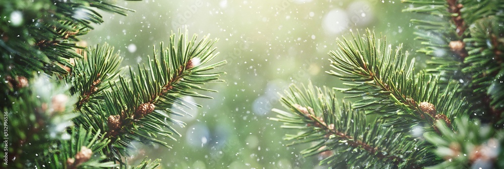 Green pine tree branches with snow falling on them Green pine tree branches with snow falling on them