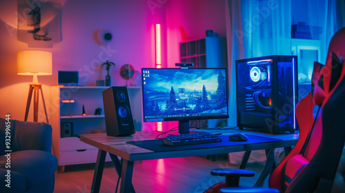 Powerful Personal Computer Gamer Rig with First-Person Shooter Game on Screen. Monitor Stands on the Table at Home photo