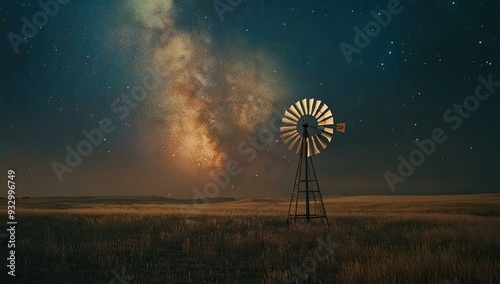 Windmill silhouetted against a starry sky.