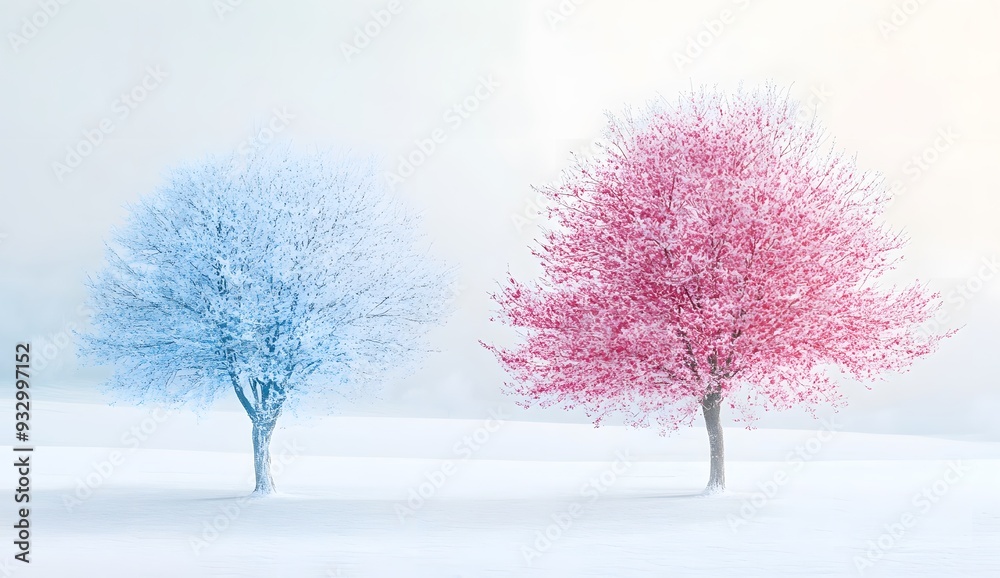Colorful winter landscape with two trees covered in snow and ice, one tree is blue, the other pink. Winter background. Colorful winter landscape with two trees covered in snow and ice, one tree is blue, the other pink. Winter background.