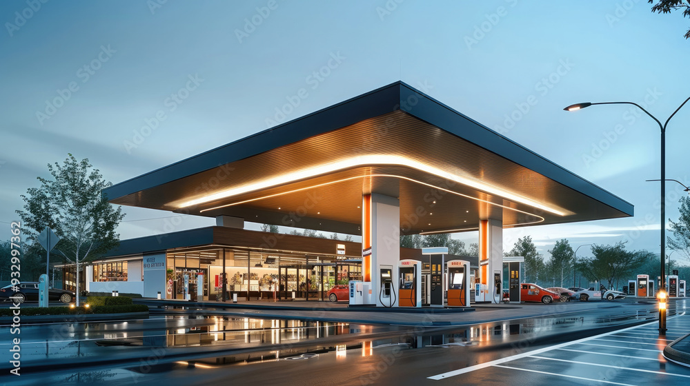 Modern gas station with fuel pumps and electric charging stations, integrated within a shopping center featuring retail stores and convenience shops. Generative AI. Modern gas station with fuel pumps and electric charging stations, integrated within a shopping center featuring retail stores and convenience shops. Generative AI.