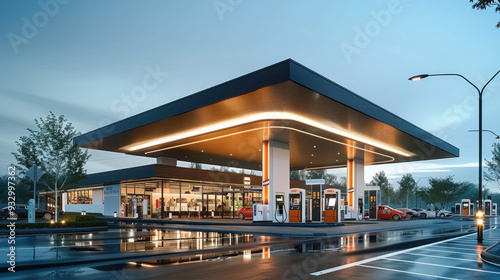 Modern gas station with fuel pumps and electric charging stations, integrated within a shopping center featuring retail stores and convenience shops. Generative AI.