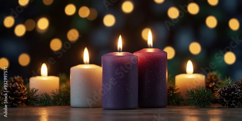 Fourth Sunday of Advent with candle Christmas decorations in a panoramic view with copyspace.