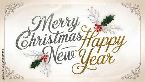 A festive holiday card featuring bold golden cursive