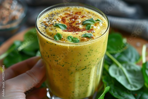 Delicious pumpkin smoothie with whipped cream on top. Garnished with cinnamon and spices on a cozy autumn background with pumpkins and autumn leaves photo