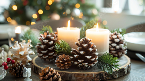 Detailed shot of a holiday-themed centerpiece on a table, with candles and pinecones