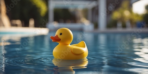 yellow rubber duck banth toy floanting in a swimming pool.