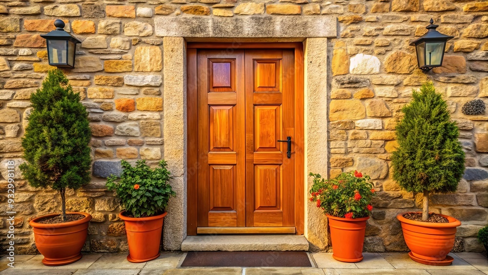 The warm orange front door rests beside rustic stone, exuding cozy farmhouse charm. The warm orange front door rests beside rustic stone, exuding cozy farmhouse charm.