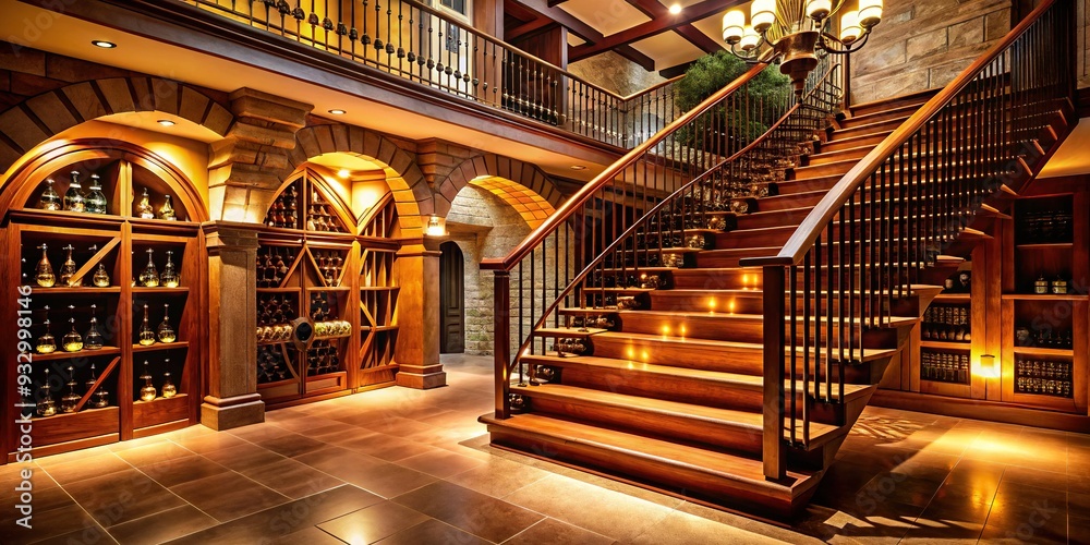 Dramatic Low-Angle Shot of Burgundy Wine Cellar Entrance Staircase Rich Wood Accents Luxurious Decor Warm Lighting Exclusive Wine Tasting Experience Dramatic Low-Angle Shot of Burgundy Wine Cellar Entrance Staircase Rich Wood Accents Luxurious Decor Warm Lighting Exclusive Wine Tasting Experience