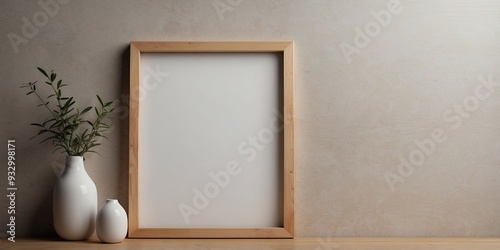 Wooden picture frame mockup on a sleek, minimal wallpaper.
