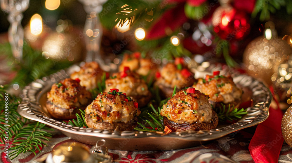 Obraz premium Close-up of a plate with a fancy appetizer, like stuffed mushrooms, on a holiday-themed tablecloth