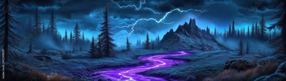 A dark, stormy summit with a creek that glows in vivid purple, illuminated by lightning, in a gothic art style A dark, stormy summit with a creek that glows in vivid purple, illuminated by lightning, in a gothic art style