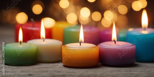 Colorful candles with a festive background.