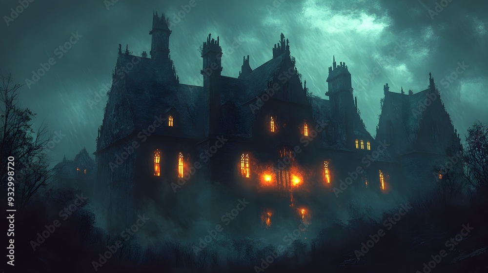 Fototapeta premium Mysterious Gothic Mansion in Stormy Night