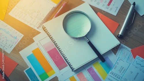 Magnifying Glass on a Desk with Charts and Graphs