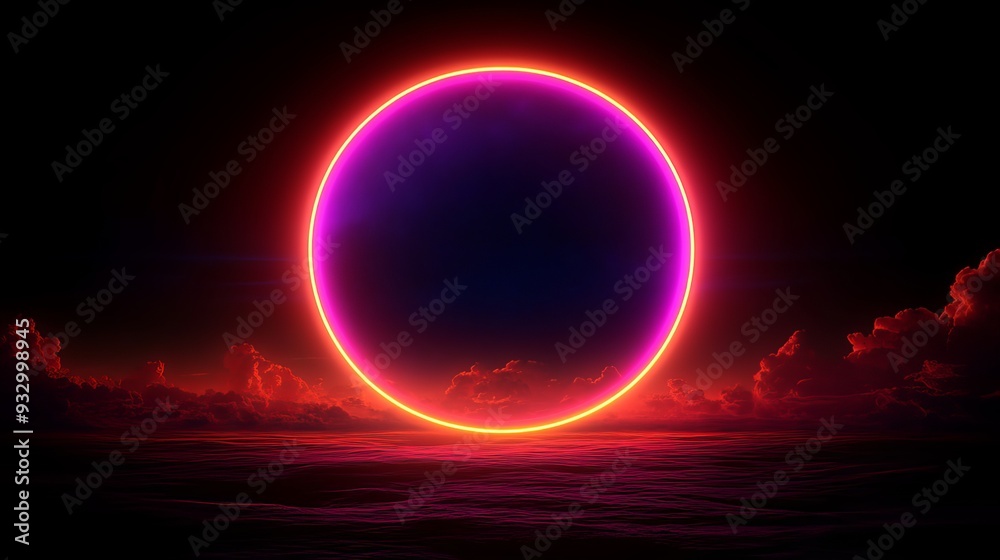 Obraz premium Vibrant neon sunrise over a calm ocean at dawn