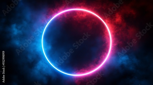 Neon circle glowing in blue and pink against a dark background