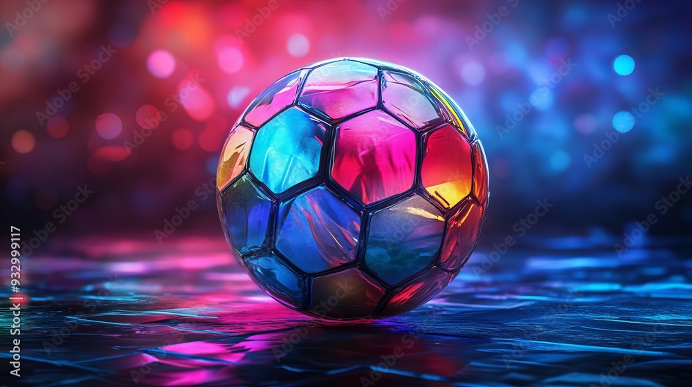 Naklejka premium Colorful soccer ball on a reflective surface with vibrant lighting