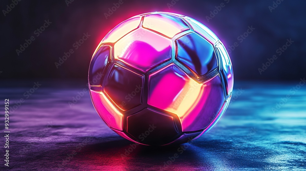 Fototapeta premium Colorful illuminated soccer ball resting on a sleek surface at night