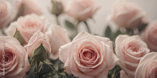 Fototapeta Naklejka Na Ścianę i Meble -  Creative frame made of soft pink roses Copy space Monochromatic colors.