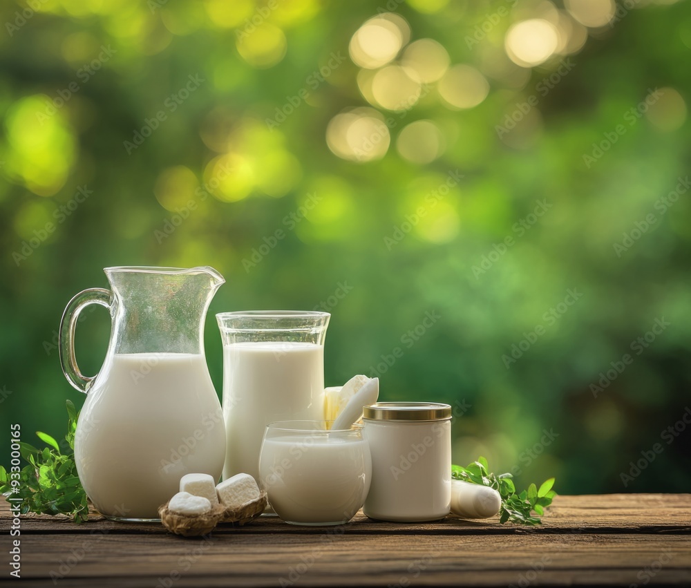 Fresh milk products displayed in a natural setting. A glass pitcher, jars, and cups create an inviting scene. Perfect for promoting dairy and healthy living. Generative AI Fresh milk products displayed in a natural setting. A glass pitcher, jars, and cups create an inviting scene. Perfect for promoting dairy and healthy living. Generative AI