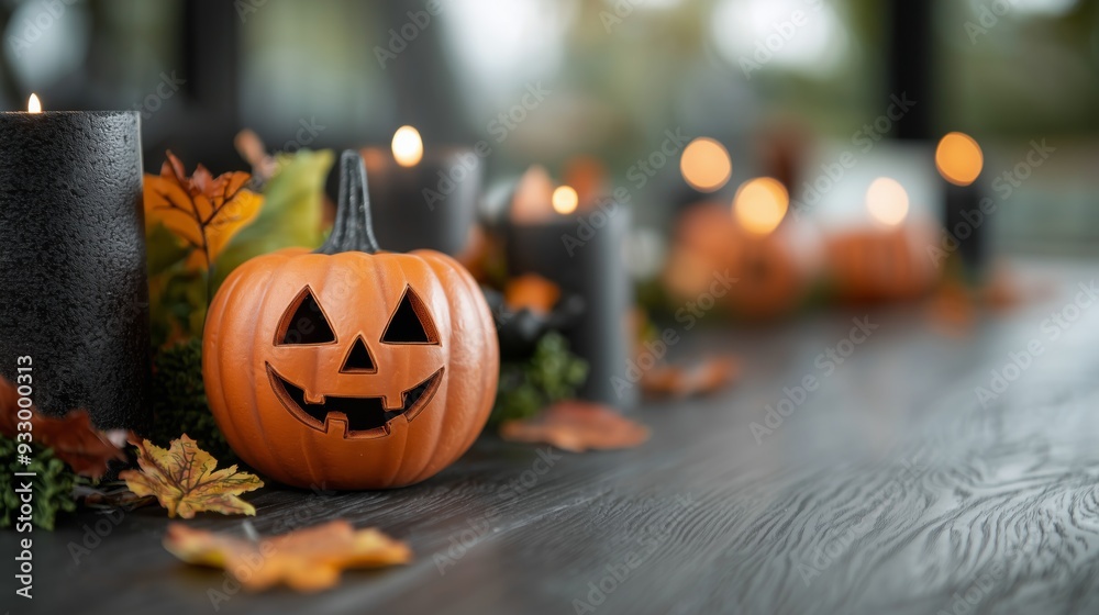 Jack-o'-lantern with candles and autumn leaves. Jack-o'-lantern with candles and autumn leaves.