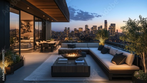 City skyline viewed from rooftop patio with fire pit. photo