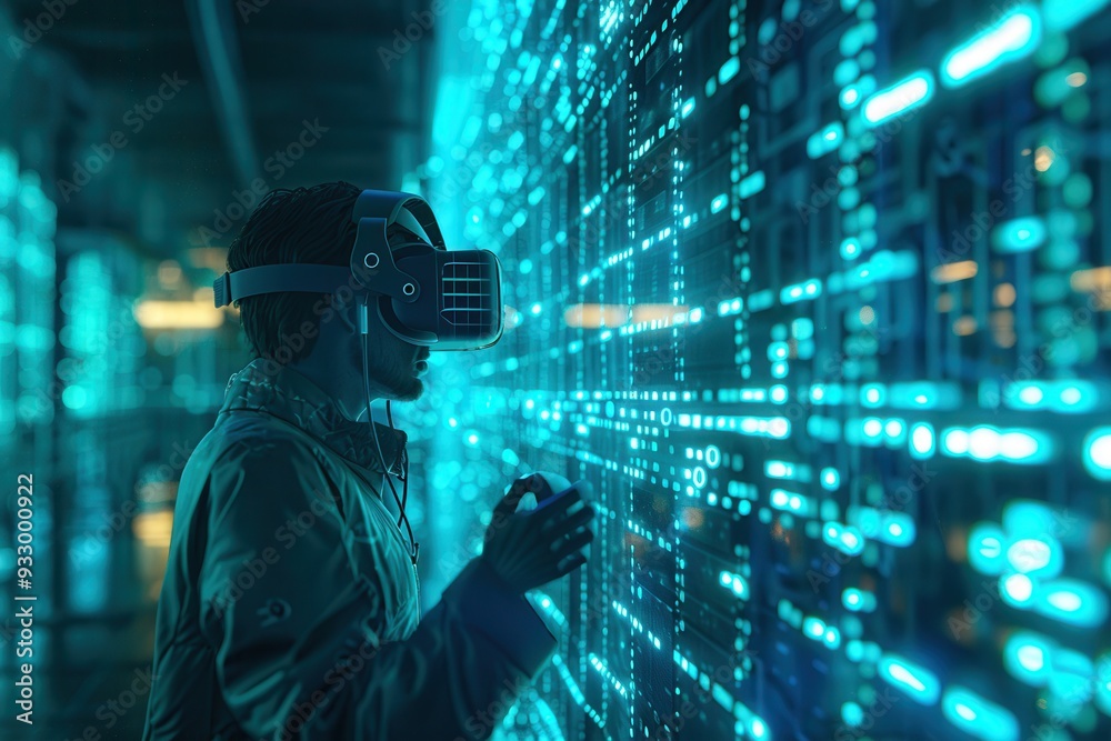 The hacker navigates a vibrant virtual environment, interacting with glowing locks and codes in an immersive digital landscape. Generative AI The hacker navigates a vibrant virtual environment, interacting with glowing locks and codes in an immersive digital landscape. Generative AI