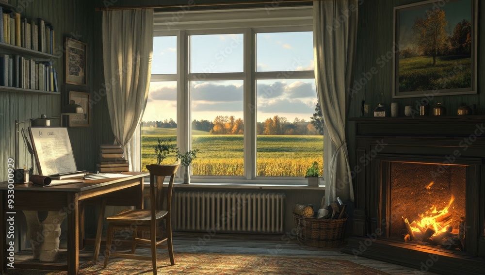 Cozy room with fireplace, window view, and desk.