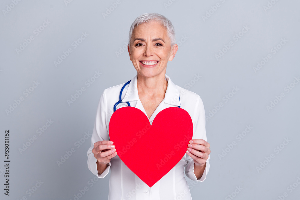 Photo portrait of lovely pensioner lady provide medical help doctor show heart dressed white robe uniform isolated on gray color background Photo portrait of lovely pensioner lady provide medical help doctor show heart dressed white robe uniform isolated on gray color background