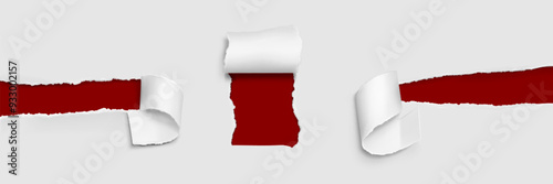 Torn paper rolls set. Vector realistic illustration of white sheet with holes on red background, ragged page with curled strip, scratched promo banner design, discount reveal effect, damaged parchment