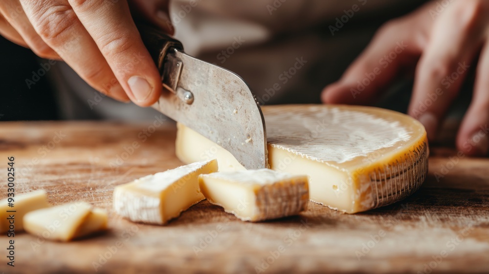 Artisan cheese being sliced with a knife, focusing on the hands and the texture of the cheese. Artisan cheese being sliced with a knife, focusing on the hands and the texture of the cheese.