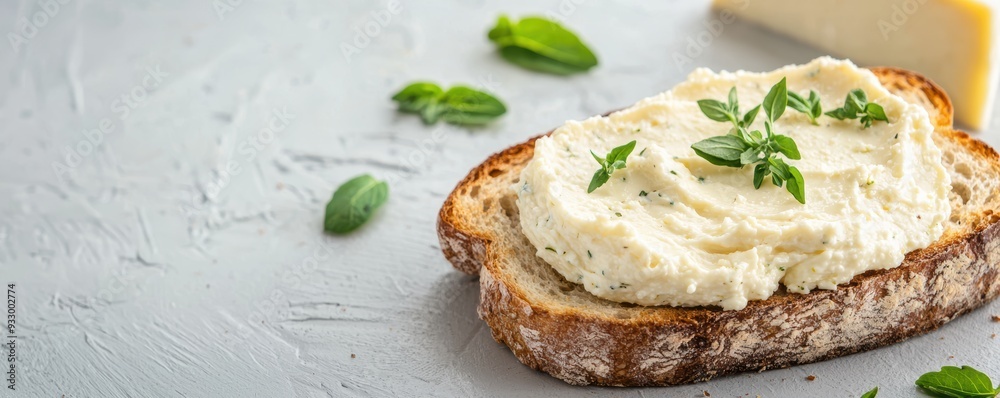 A close-up of soft, creamy cheese spread generously on a rustic piece of bread, garnished with fresh herbs.