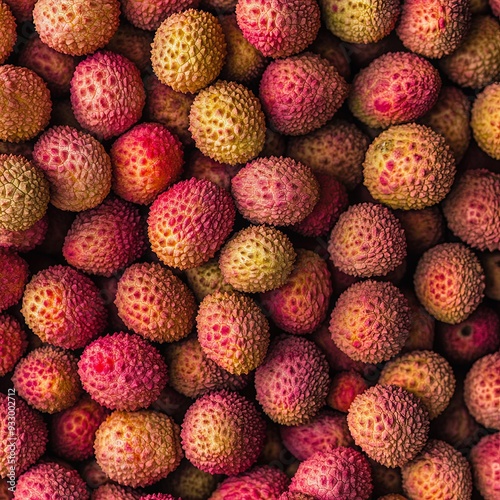 Pile of fresh ripe lychees as background, top view