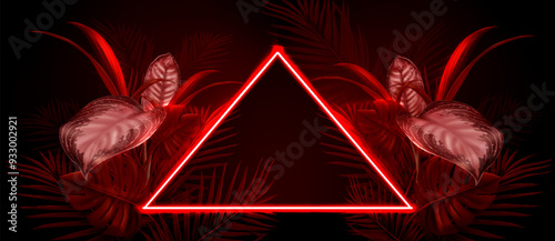 Neon triangle and red tropical plants on black background. Vector realistic illustration of summer nightclub or hawaiian beach party banner template, poster with exotic leaves and triangular frame