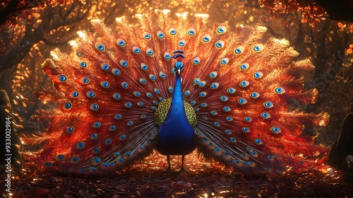 Majestic Peacock with Spread Tail Feathers in Autumn Forest.