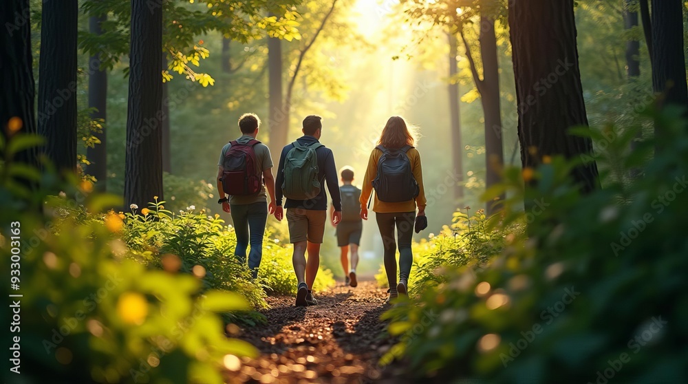 Fototapeta premium Hikers Exploring Sunlit Forest Path: Scenic Nature Trail Adventure in Lush Woodland
