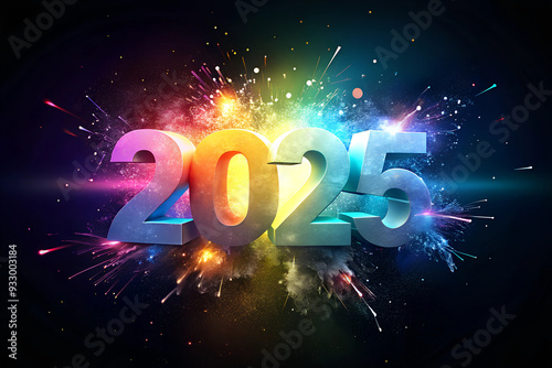 Elegant 2025 Typography with Colorful Explosion Background. Rainbow 2025 New Year Celebration