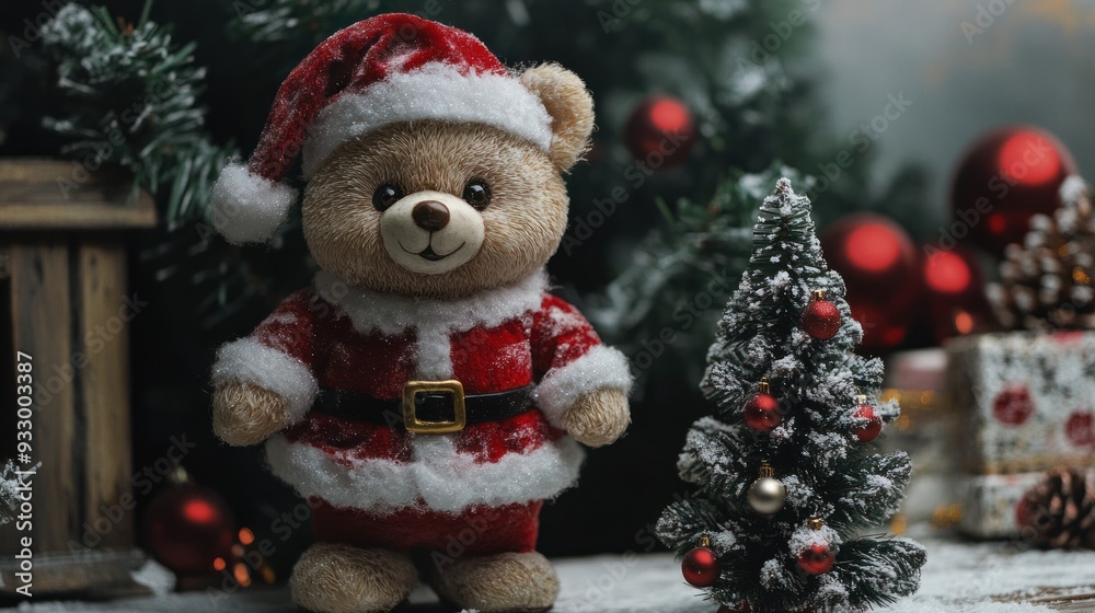 Teddy Bear in Santa Suit with Snowy Christmas Tree Teddy Bear in Santa Suit with Snowy Christmas Tree