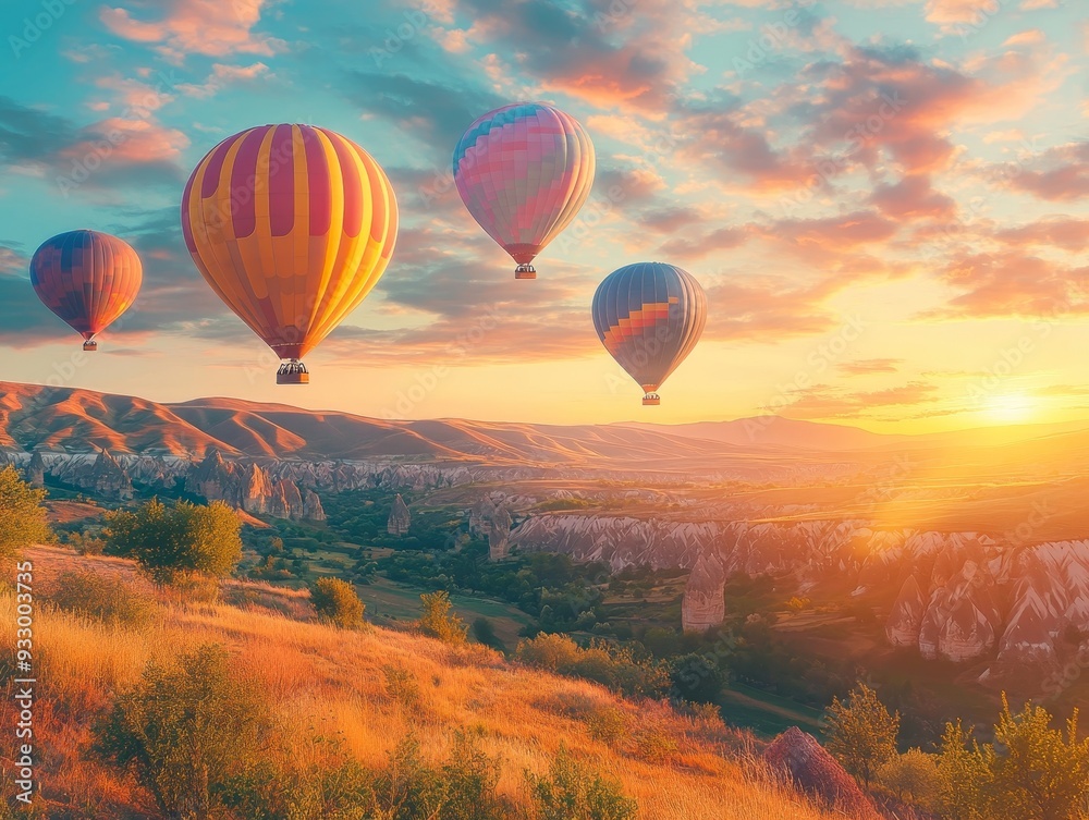 Obraz premium Vibrant sunrise landscape hot air balloons soaring in sky, nature travel destination banner
