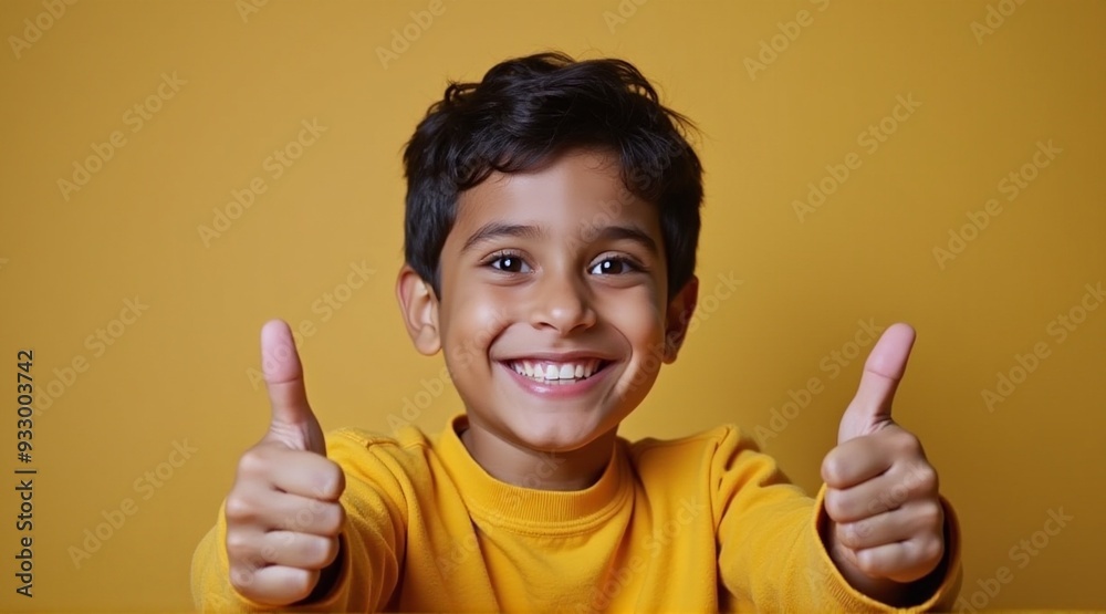 A joyful young Indian boy giving a thumbs up against a bright yellow background, perfect for promotional materials, celebrations, and social media content with copy space. A joyful young Indian boy giving a thumbs up against a bright yellow background, perfect for promotional materials, celebrations, and social media content with copy space.