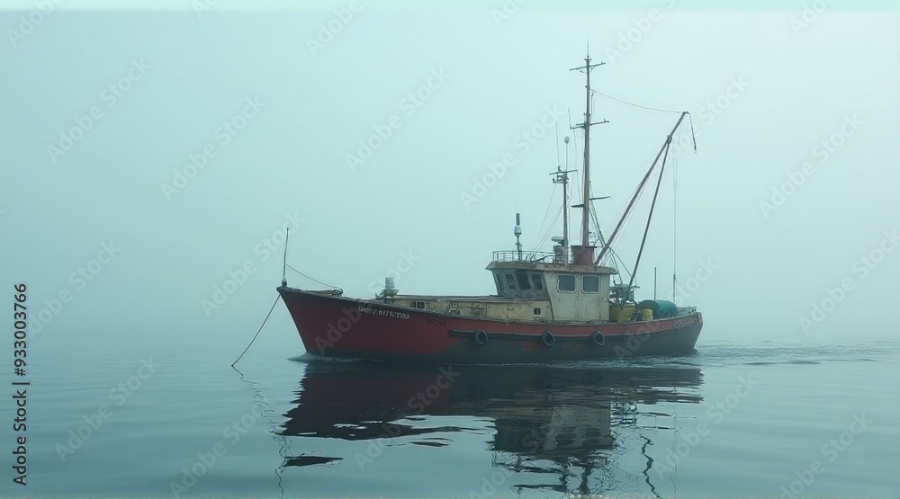 A serene fishing boat gliding through calm waters in fog, ideal for nautical themes, tranquility, or maritime projects. with copy space. A serene fishing boat gliding through calm waters in fog, ideal for nautical themes, tranquility, or maritime projects. with copy space.