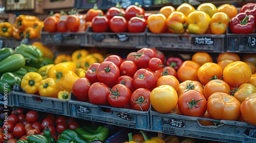 Front view of fresh produce such as tomatoes, peppers and corn displayed in bright colors on shelves at a farmers market. Generative AI. Front view of fresh produce such as tomatoes, peppers and corn displayed in bright colors on shelves at a farmers market. Generative AI.