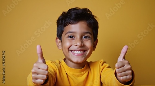 A joyful young Indian boy giving a thumbs up against a bright yellow background, perfect for promotional materials, celebrations, and social media content with copy space.