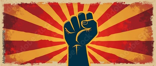 Vintage-style poster showcasing a worker's fist symbolizing labor rights and empowerment, ideal for Labor Day events and social campaigns, with copy space. photo