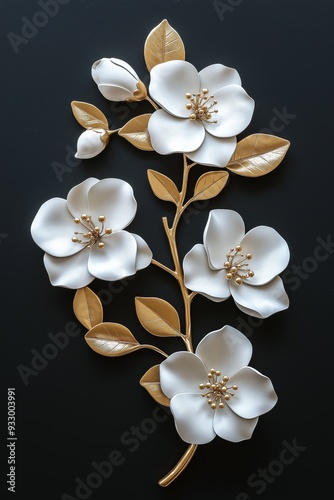 Wallpaper Mural White flowers with golden leaves on black background. White and golden and black luxury 3d floral background Torontodigital.ca