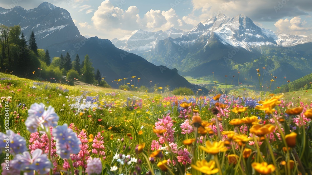 Fototapeta premium Idyllic mountain landscape in the Alps with blooming meadows in springtime. 