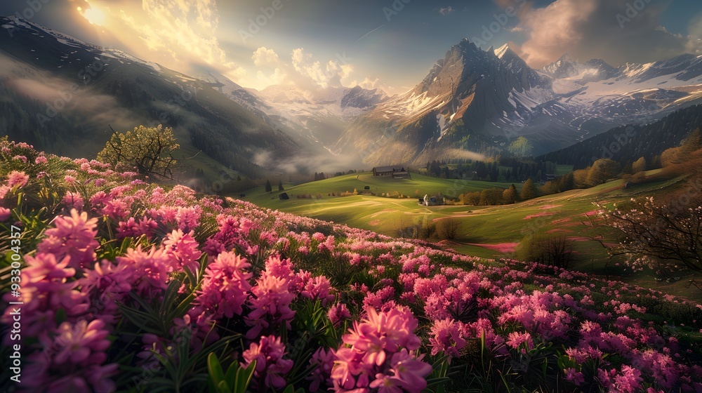 Idyllic mountain landscape in the Alps with blooming meadows in springtime. Idyllic mountain landscape in the Alps with blooming meadows in springtime.